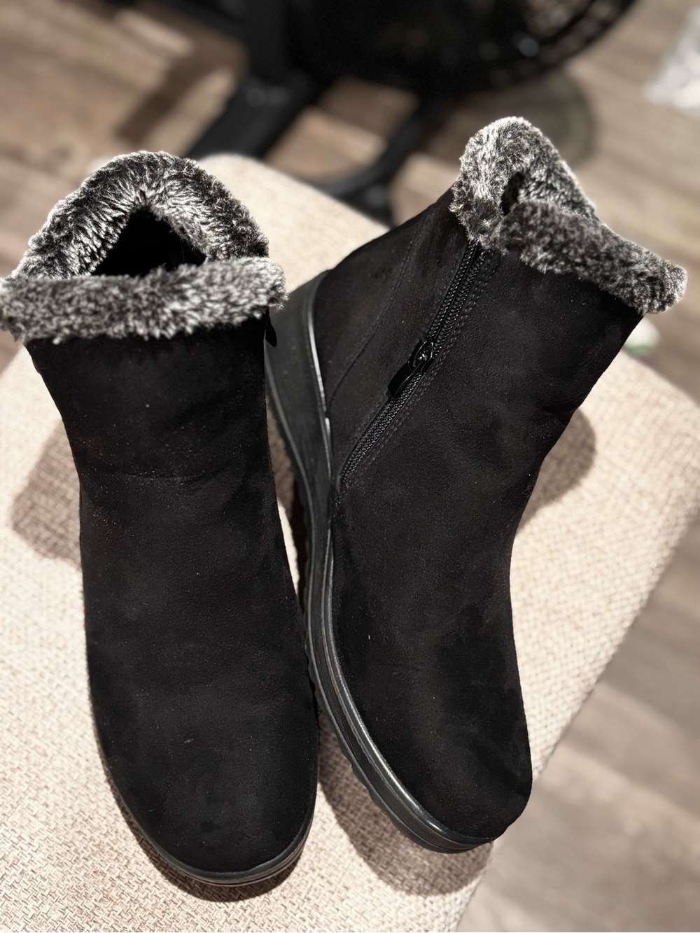 Women's Black Faux-Fur Trim Ankle Booties Microsuede